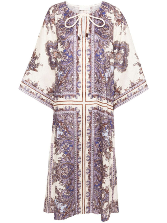 Paisley print linen midi dress