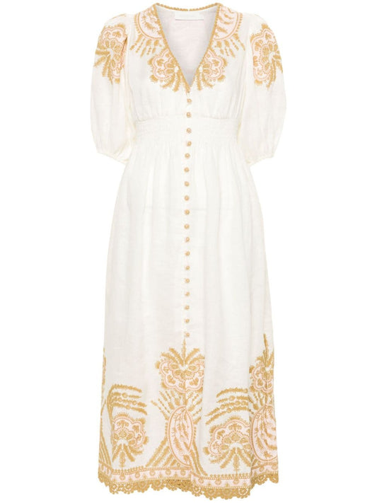 Embroidered linen midi dress