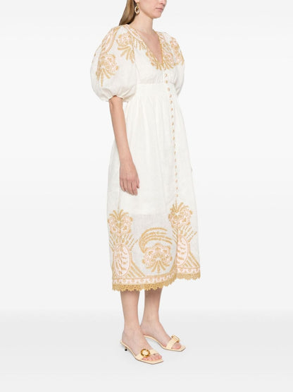 Embroidered linen midi dress