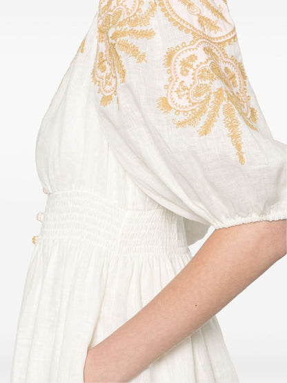 Embroidered linen midi dress