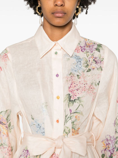 Floral print linen shirt dress