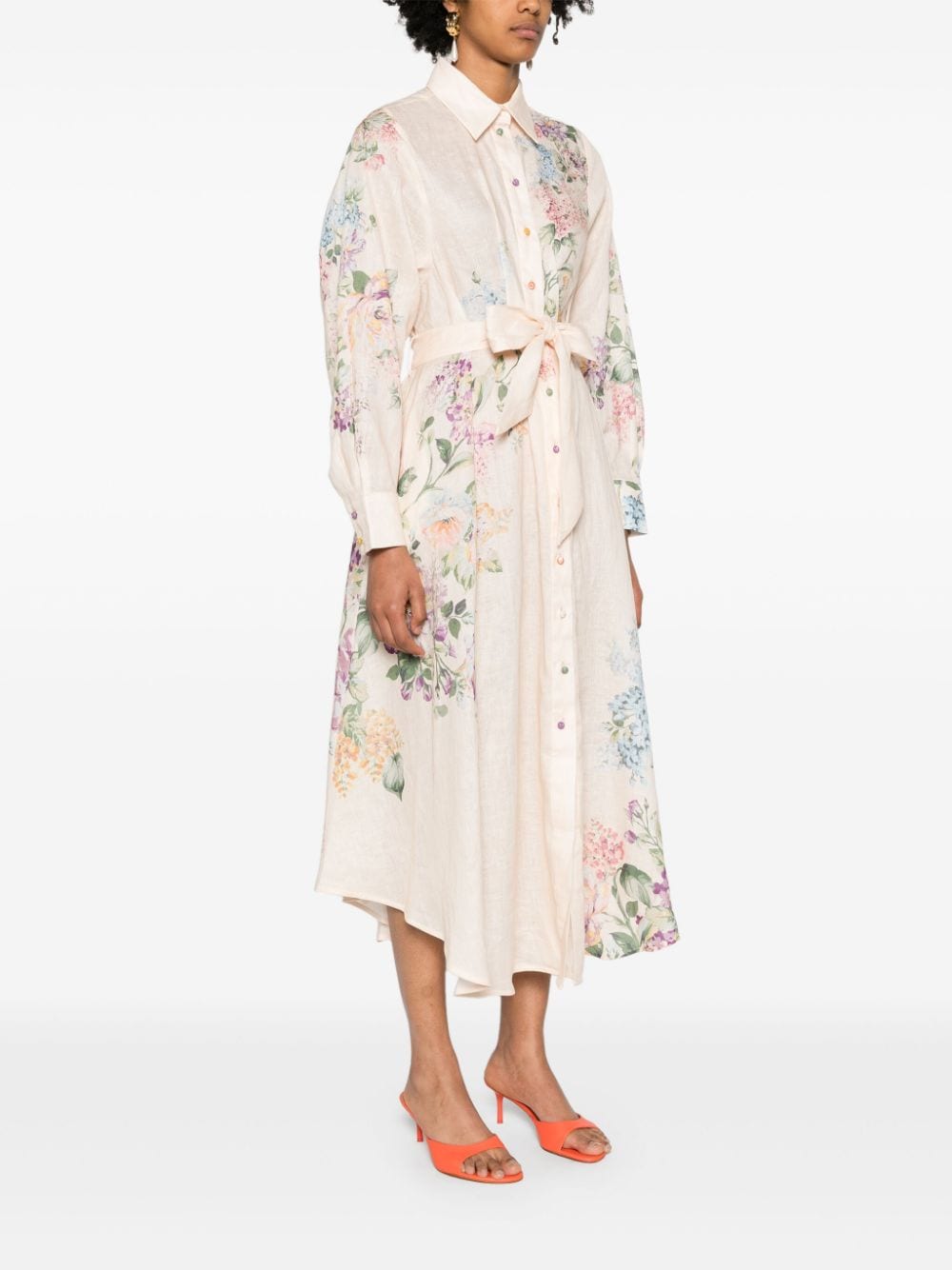 Floral print linen shirt dress