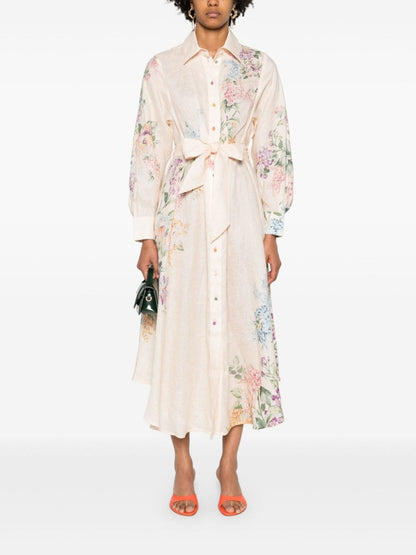 Floral print linen shirt dress