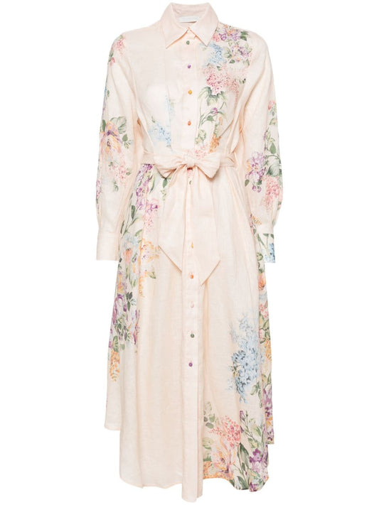 Floral print linen shirt dress