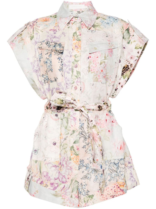 Floral print linen playsuit