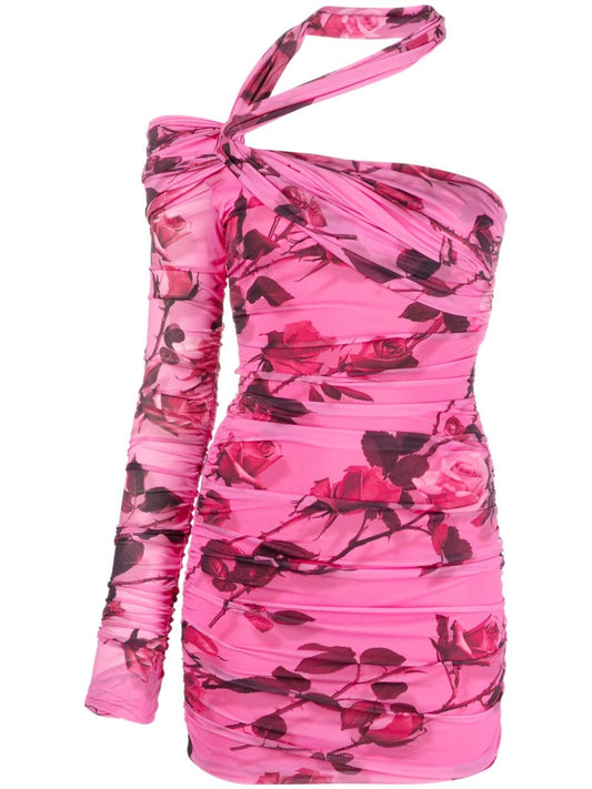 Rose print one-shoulder mini dress