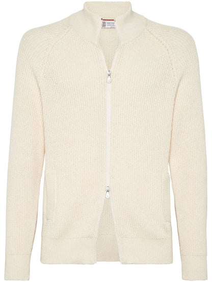 Ribbed stitch cotton zipped cardigan