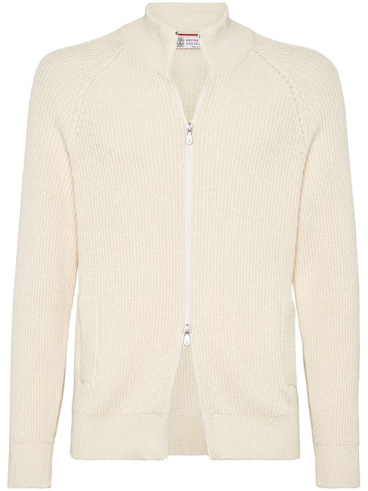 Ribbed stitch cotton zipped cardigan