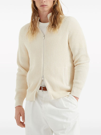 Ribbed stitch cotton zipped cardigan