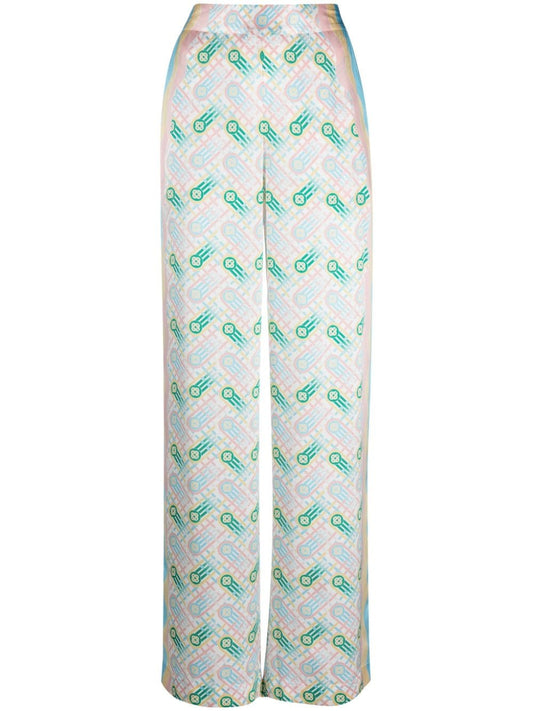 Printed silk straight leg trousers