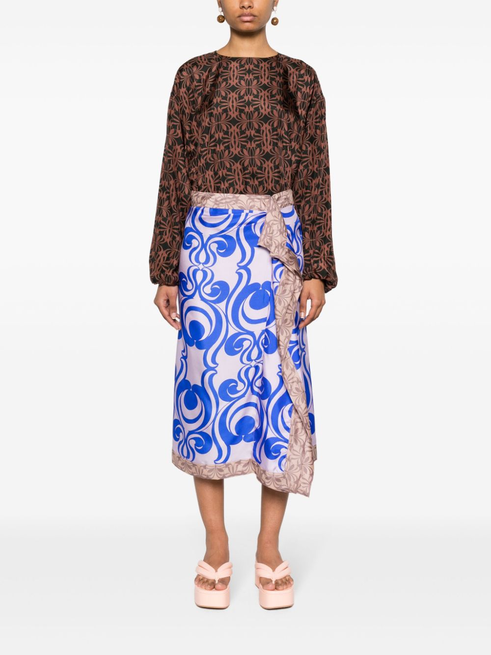 Printed silk midi skirt