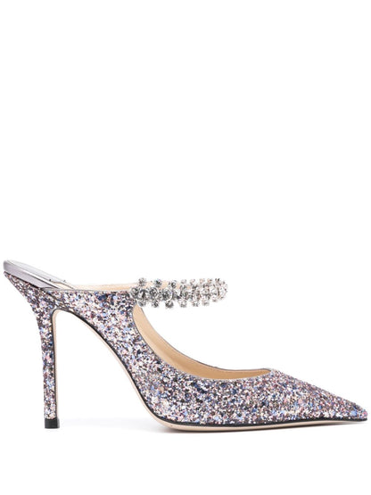 Bing 100 crystal strap glitter heel mules