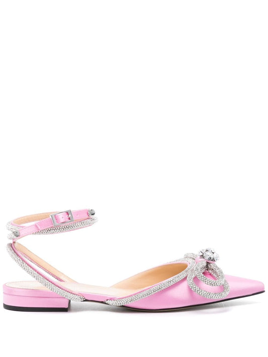 Double bow satin slingback ballet flats