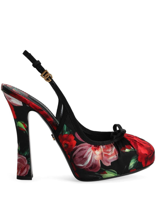 Flower print satin pumps