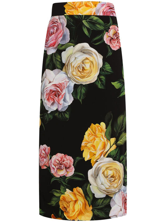 Printed silk midi skirt