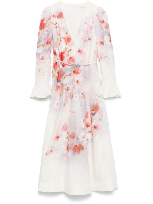 Crush printed linen long dress